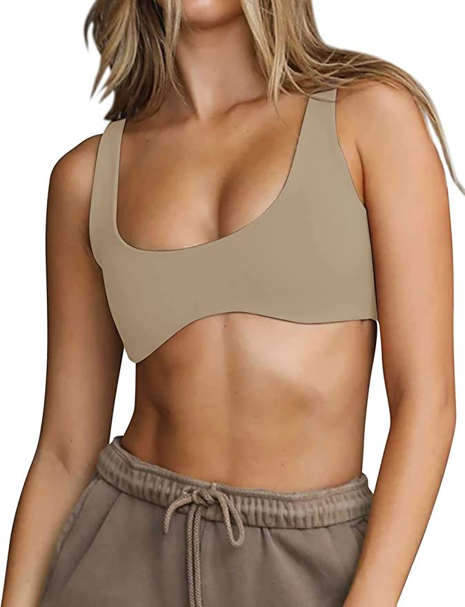 Meladyan Women Sports Bra Scoop Neck Curve Wireless Support Bralette Crop Tank Cami Backless Slee... | Amazon (US)