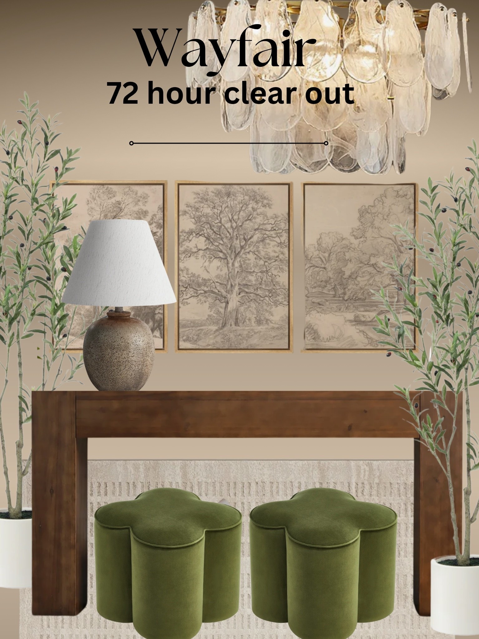 Wayfair SALE..72 hour clear out! 
How pretty are these green ottomans! 
Warm neutral entryway inspiration ✨✨