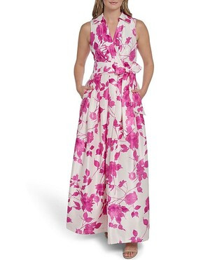 Floral Print Shantung Collared Long Dress | Dillard's