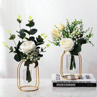 1PC Golden Metal-Framed Test Tube Vase, An Ornament For The Center Of The Table, A Creative Home Vase Ornament With A Sense Of Luxury. Rama Decoration | SHEIN