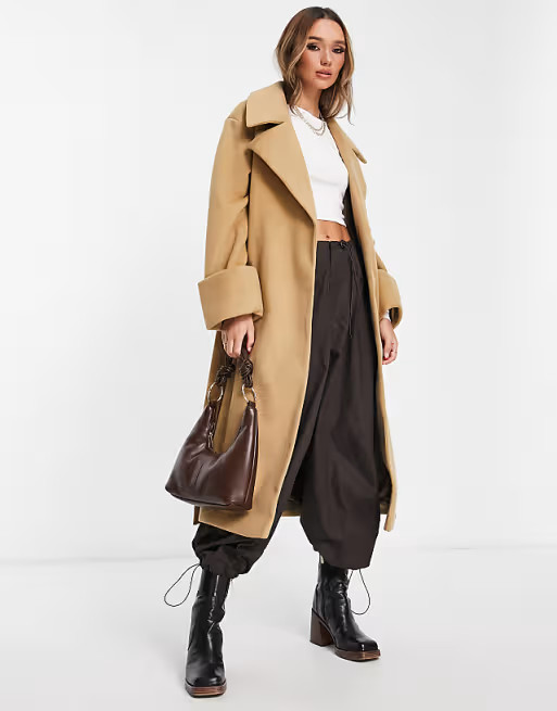 ASOS DESIGN brushed belted coat in brown  | ASOS | ASOS (Global)