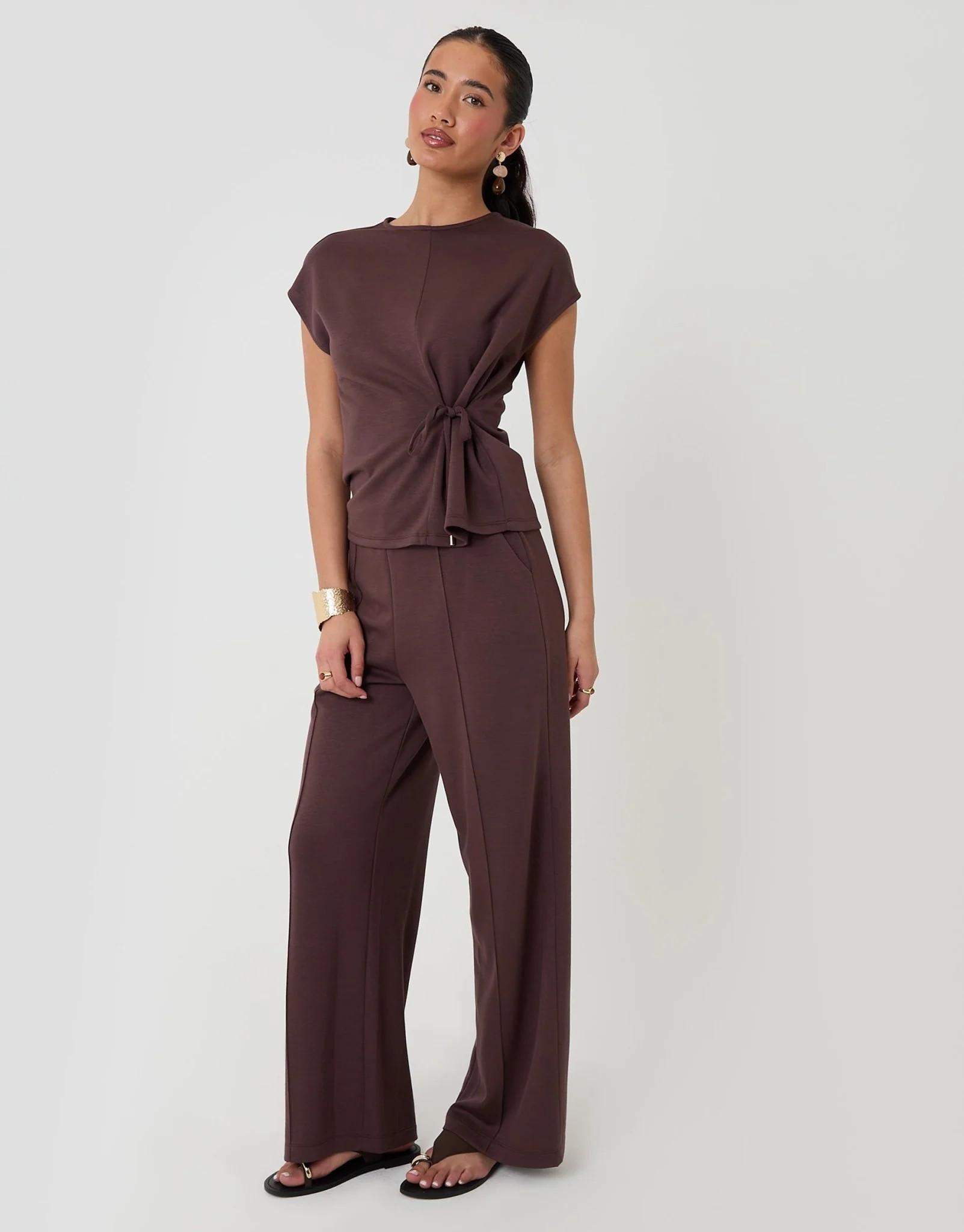 Relaxed Fit Tie Top & Wide Leg Trousers Set in Chocolate Brown | Threadbare UK