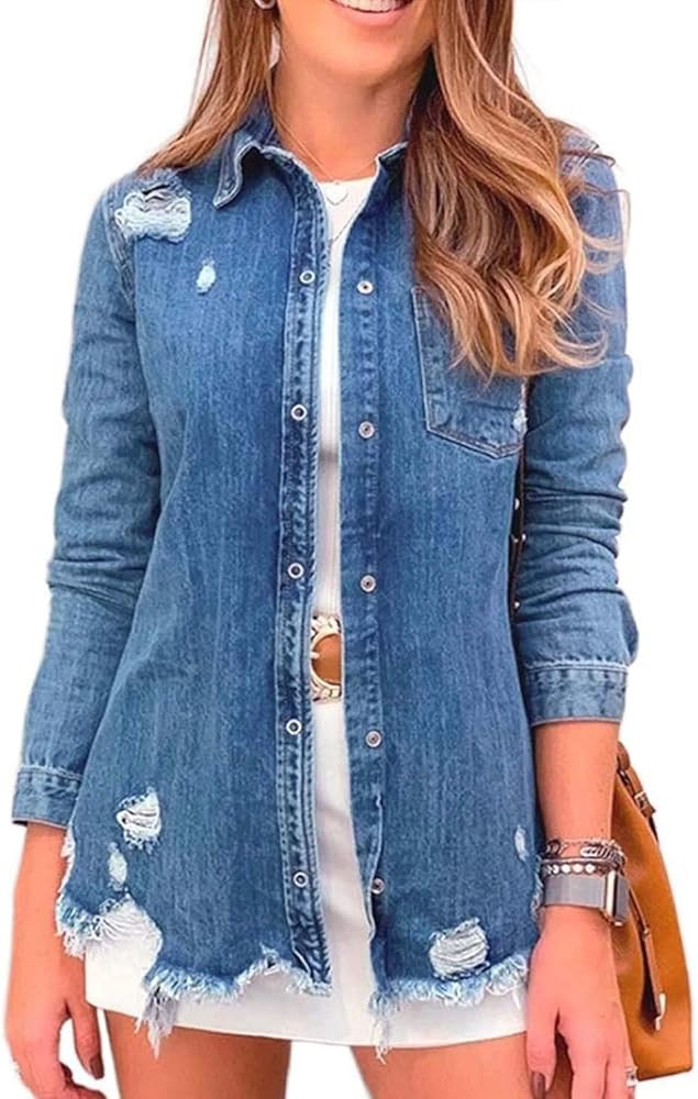 Sidefeel Women Long Sleeve Button Denim Jacket Distressed Ripped Jean Coat | Amazon (US)
