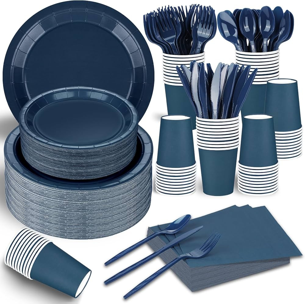TWOWYHI 228PCS Navy Blue Party Supplies Set Include Paper Plates Cups Paper Napkins Plastic Spoon... | Amazon (US)