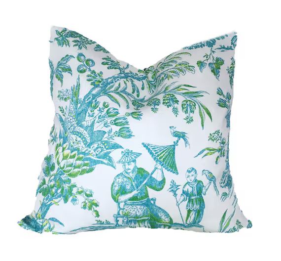 Aqua Chinoiserie pillow cover - Asian Toile, Turquoise, blue, citrus green, lime, lumbar, custom ... | Etsy (US)