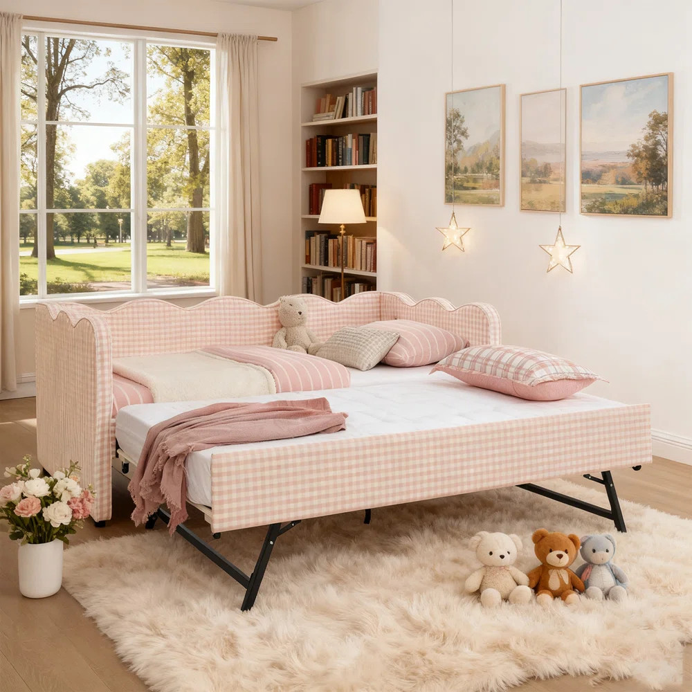 Daybed With Trundle, Sofa Bed, No Box Spring Needed, USB Port, Adorable Wave Shaped, Linen Fabric | Wayfair North America
