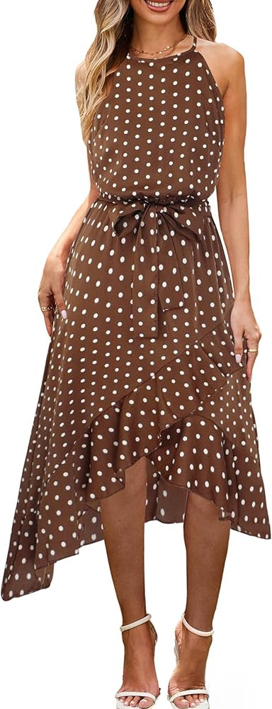 ECOWISH Polka Dot Women Summer Dress Midi A Line Ruffle High Low Sleeveless Boho Floral Halternec... | Amazon (US)