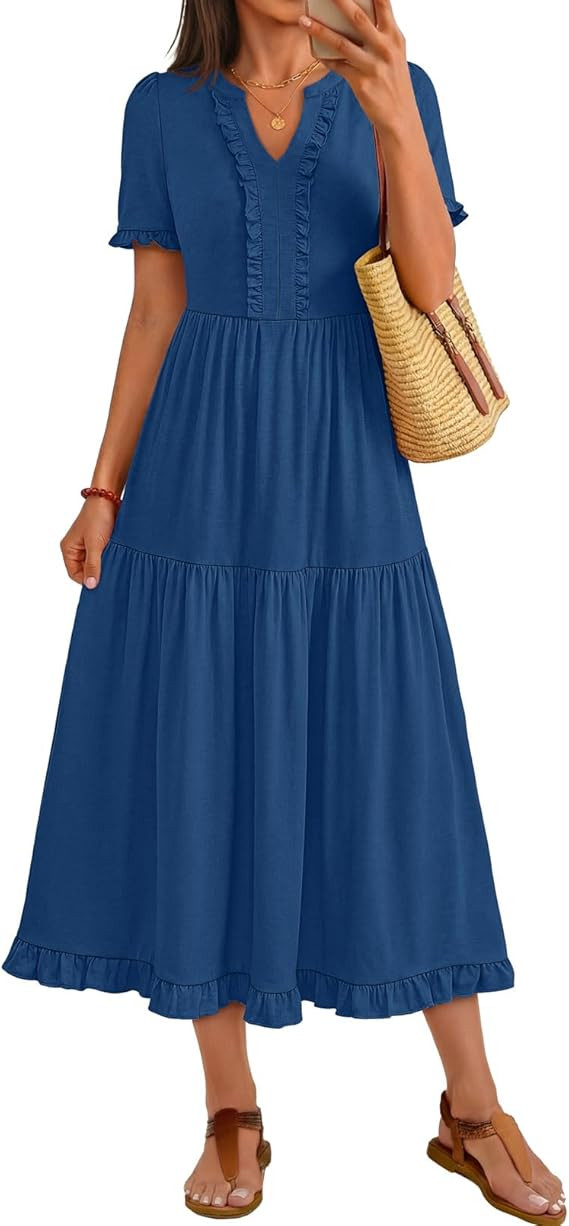 MEROKEETY Women's 2026 Spring Summer Short Sleeve Midi Dress Casual V Neck A Line Flowy Tiered Be... | Amazon (US)