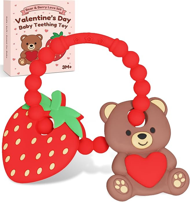 Valentine’s Baby Teething Toys, Teddy Bear & Strawberry Silicone Teether for 3–12 Months, Tex... | Amazon (US)