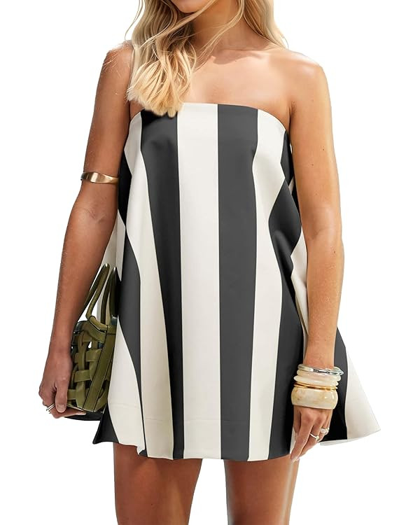 Women Striped Off Shoulder Mini Tube Dresses Strapless Sleeveless Peplum Flowy Short Dress Summer... | Amazon (US)
