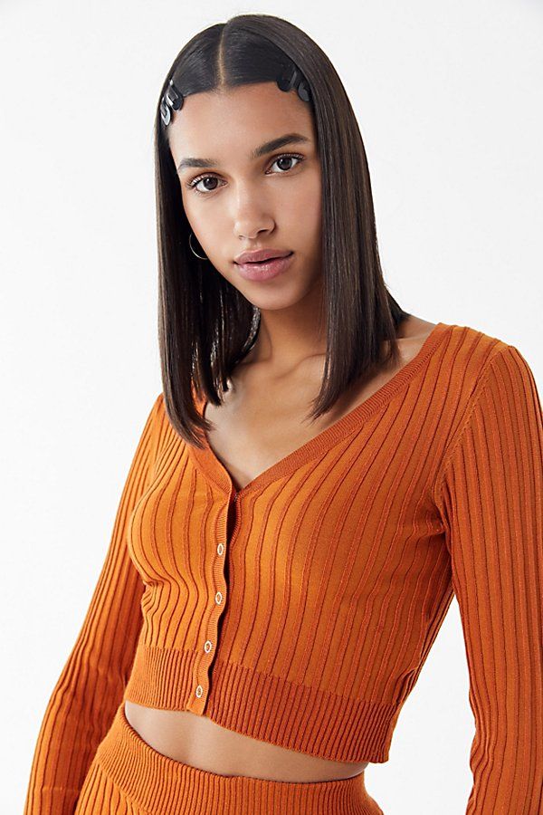 UO Rhyan Ribbed Cardigan Cropped Top - Orange XS at Urban Outfitters | Urban Outfitters (US and RoW)