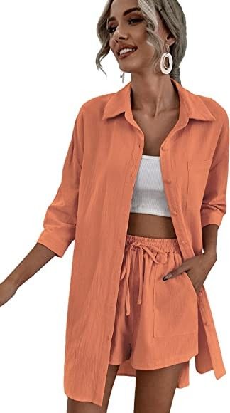 MAKEMECHIC Women's Casual 2 Piece Outfits Long Sleeve Button Down Shirt and Shorts Set | Amazon (US)