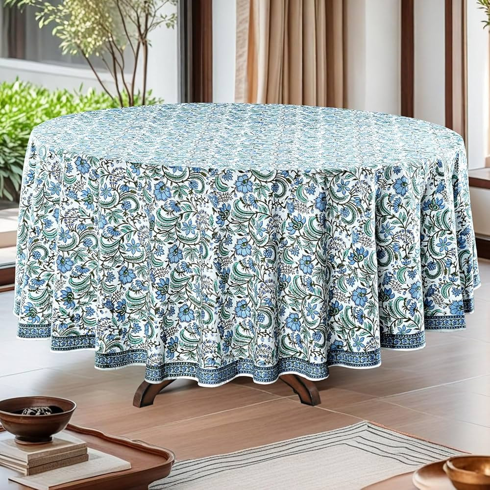 Ridhi Columbia Blue 100% Cotton Round 90 Tablecloth Hand Block Print Washable Reusable Table Cove... | Amazon (US)