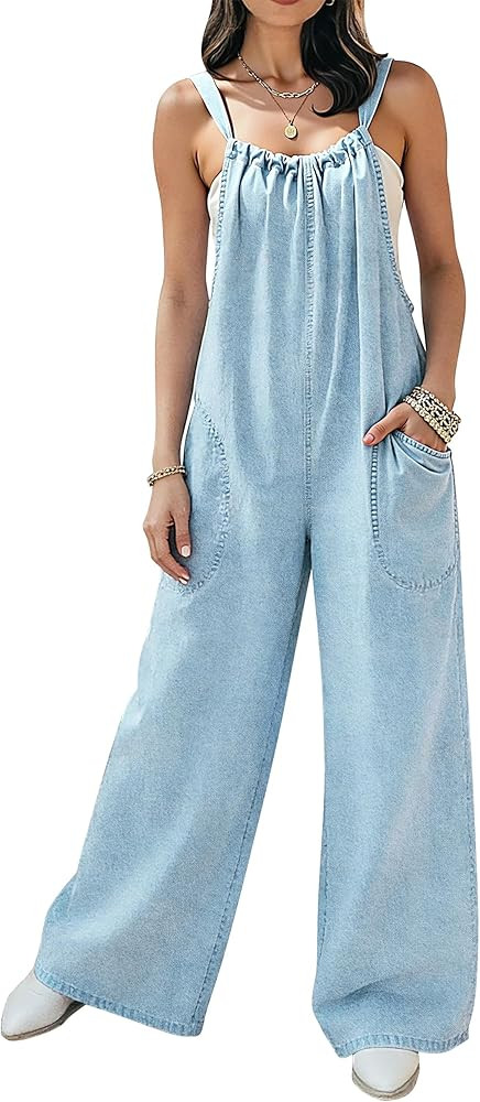 Denim Overalls for Women Jean Jumpsuit Wide Leg Adjustable Tie-Back Straps Loose Fit Baggy Jumper... | Amazon (US)