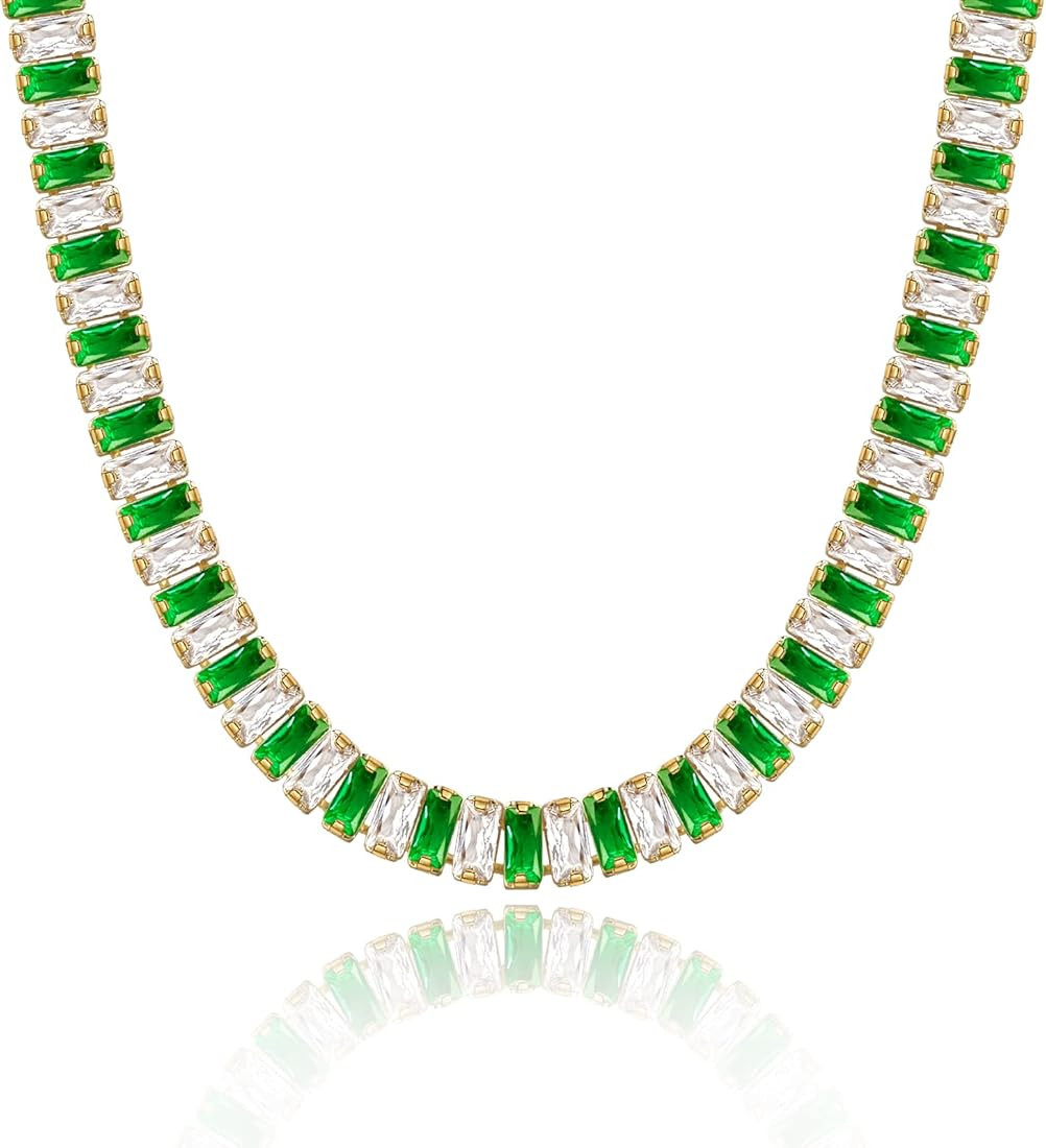 KissYan Diamond Tennis Necklace for Women, 14K/White Gold Plated Cubic Zirconia Baguette Tennis C... | Amazon (US)