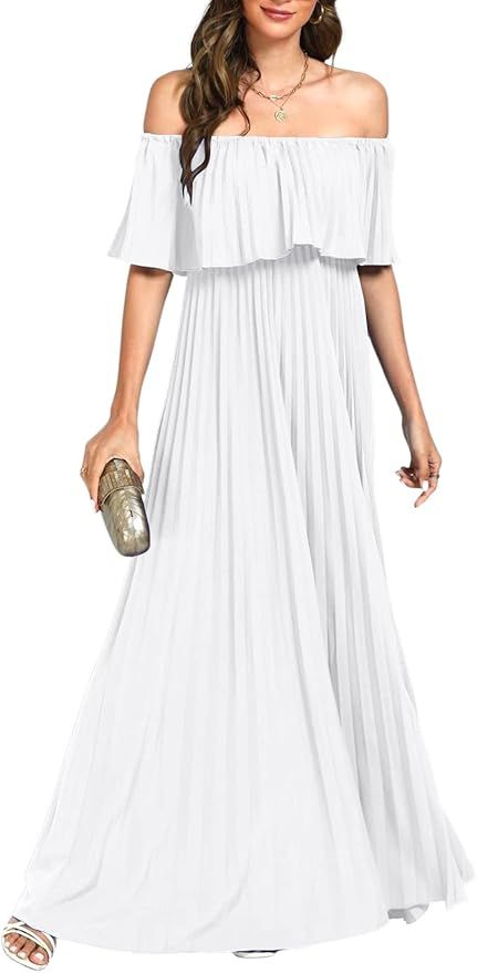 Vrtige Women's Sexy Off Shoulder Pleated Sleeveless Ruffle Hem Maxi Long Dress | Amazon (US)