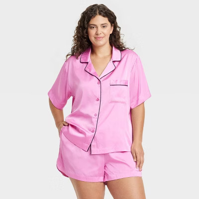 Women's Satin Notch Collar Short Sleeve and Shorts Pajama Set - Auden™ Pink 1X | Target