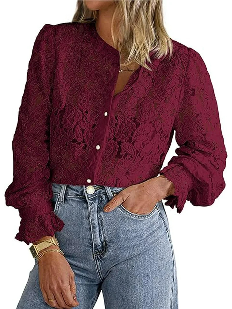 PRETTYGARDEN Women's Dressy Casual Lace Blouse Long Sleeve Button Up Shirts Tops Spring Fall Fash... | Walmart (US)