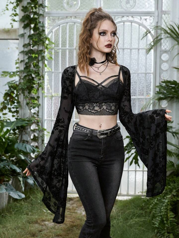 ROMWE Goth Floral Print Flare Sleeve Mesh Without Cami Top | SHEIN