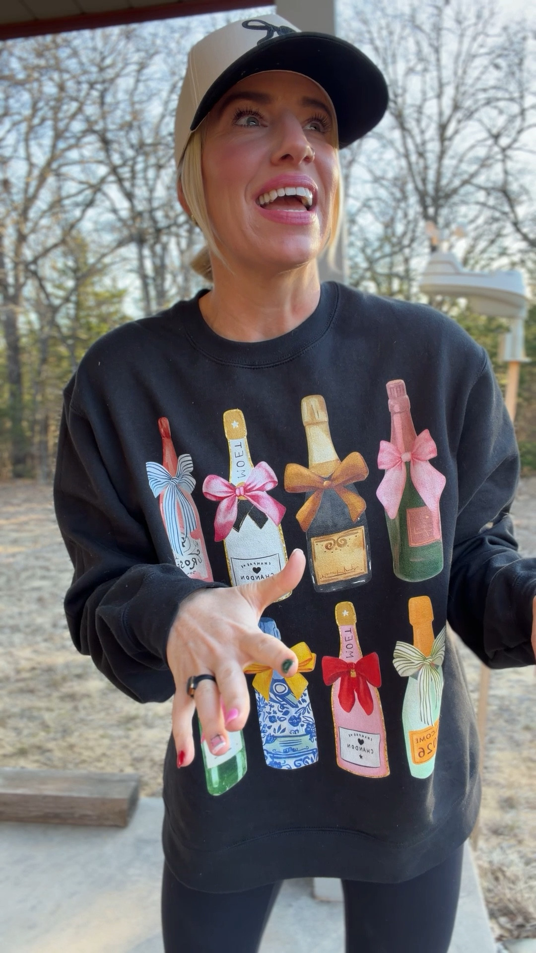 Obsessed with this champagne 🍾 and bows 🎀 sweatshirt from Amazon —sized up to a large--
Comes in tons of colors 
Linked my fav no front seam leggings and this super cute hat from @katydid
New Year’s Eve outfits 
NYE outfit

#LTKOver40 #LTKFindsUnder50 #LTKTravel
