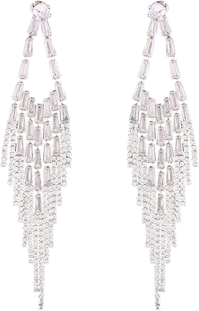 DAYUSTAR Chandelier Gold Tassel Pave Crystal Earrings Boho Fringe Ear Stud Rhinestone Dangle Earr... | Amazon (US)