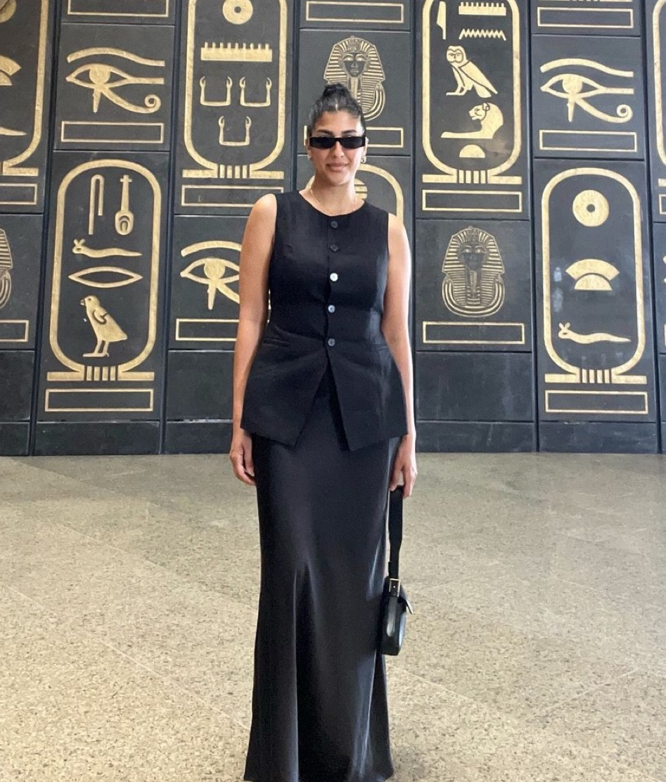 Black satin skirt and linen vest Boohoo and Dissh