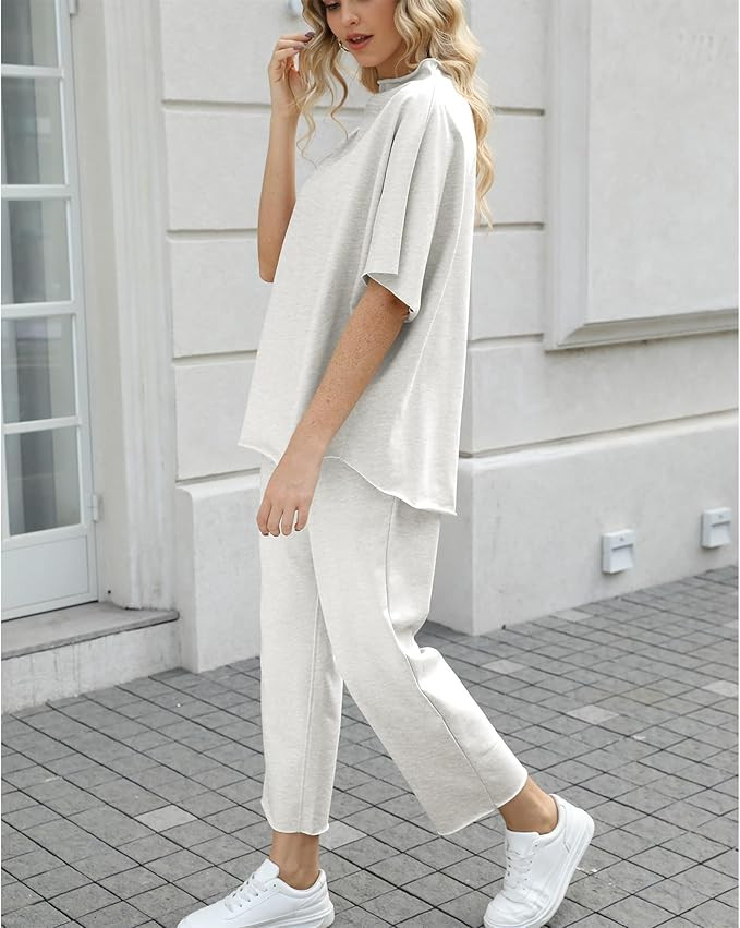 Women's Two Piece Outfits 3/4 Batwing Sleeve Capelet Crew Neck Pullover Top Wide Leg Pants Lounge... | Amazon (US)