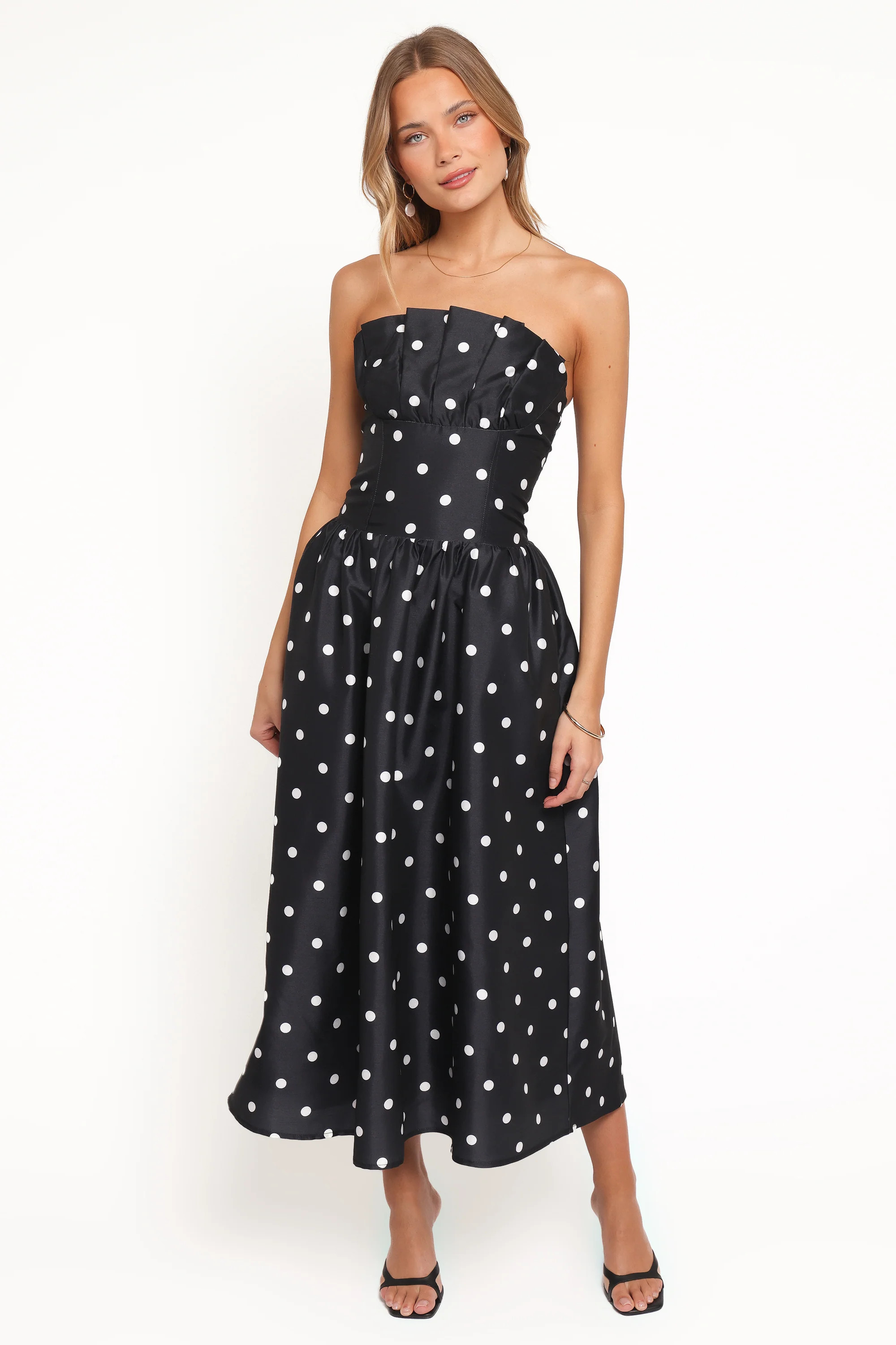 Kimbra Strapless Midi Dress - Black Polka Dot | Petal & Pup (US)