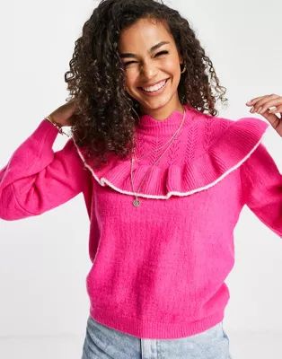 Miss Selfridge bright pink pointelle scallop neck extreme frill jumper | ASOS (Global)