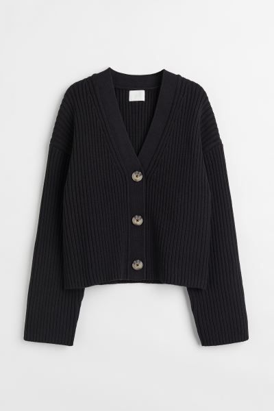 Relaxed-fit, rib-knit cardigan in a soft cotton blend. V-neck, buttons at front, dropped shoulder... | H&M (US + CA)