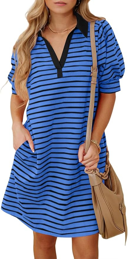 BLENCOT Women's Casual Polo V Neck T Shirt Striped Dress Summer Puff Short Sleeve MIdi Dresses | Amazon (US)