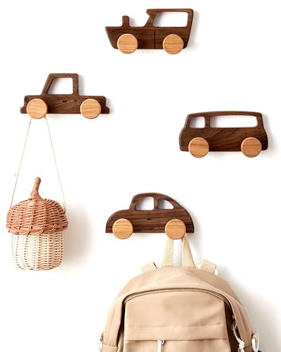 Kids Coat Hooks Wall Mount, Walnut Car-Shaped Coat Rack Heavy Duty for Bathrooms,Kids’ Room,Doo... | Amazon (US)