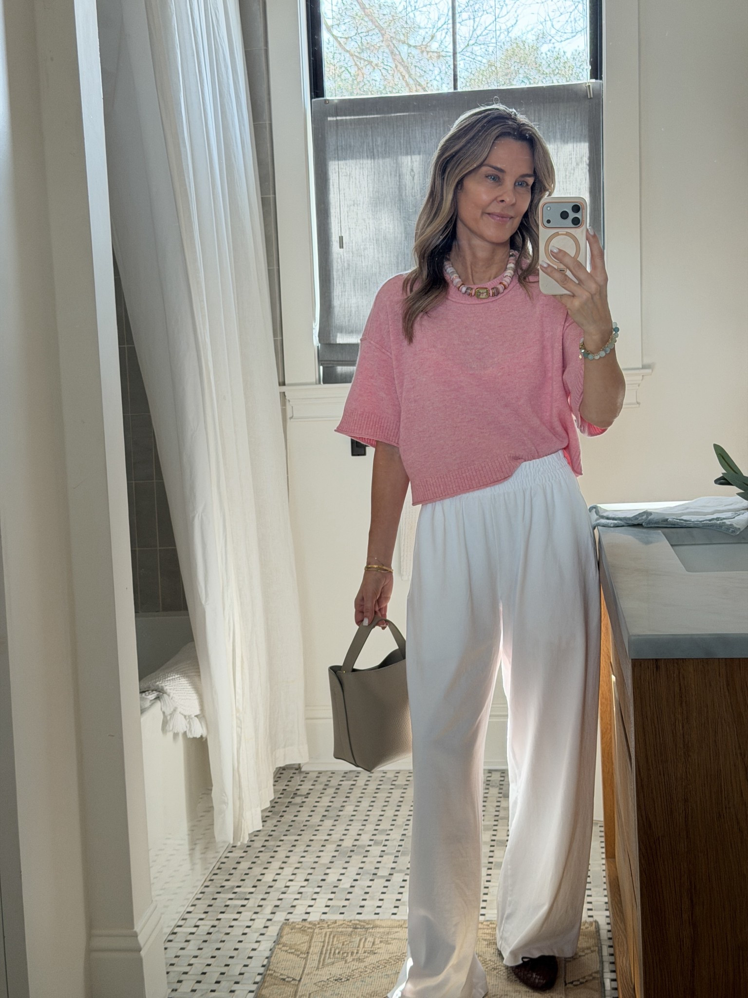 -Love these pull on jersey pants, the fit is flattering! I also grabbed them in black. Wearing XS. I’m 5’6’’.
-cashmere short sleeve top I have in several colors! I wear XS. 
-new woven flats that are the perfect soft chocolate brown for spring! TTS
-new bucket bag in a soft neutral to go with everythingg

#LTKSeasonal #LTKOver40 #LTKootd