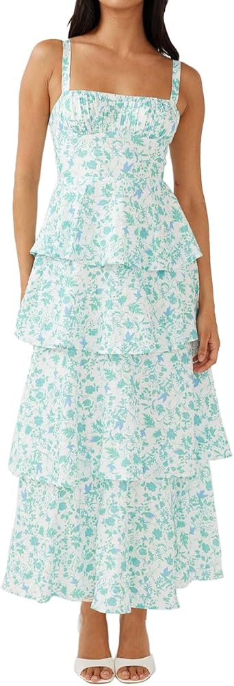 Women Floral Maxi Dress Sleeveless Bow Back Tiered Boho Flowy Long Dresses Summer Fall | Amazon (US)