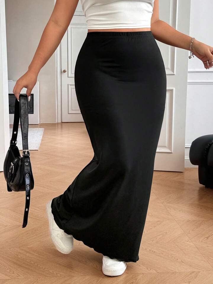 SHEIN EZwear Black Long Pencil Skirt For Plus Size Women, Casual | SHEIN