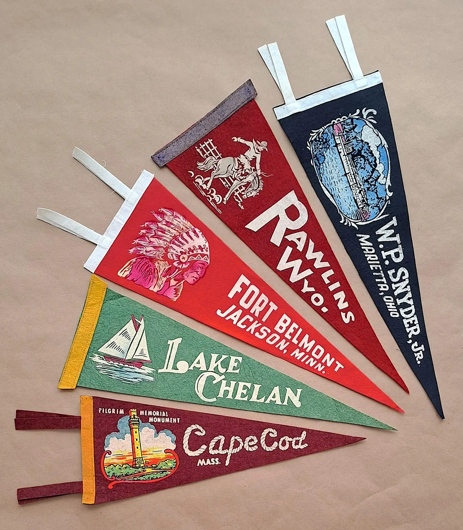 Vintage USA Travel Pennant: WP Snyder Marietta Ohio, Rawlins Wyoming, Fort Belmont Jackson Minnes... | Etsy (Global)