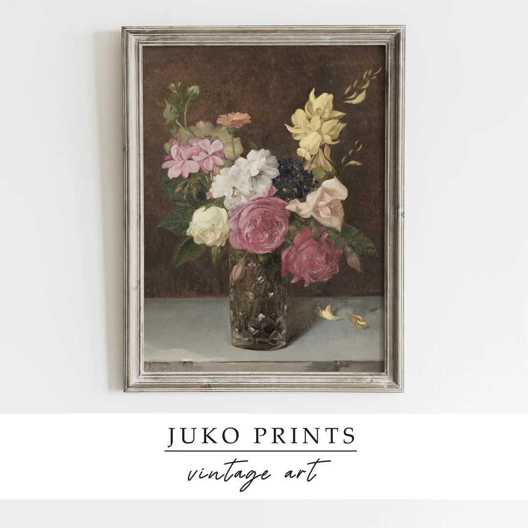 Vintage Botanical Still Life Print Rustic European Flower Painting Digital Print Printable Wall A... | Etsy (US)