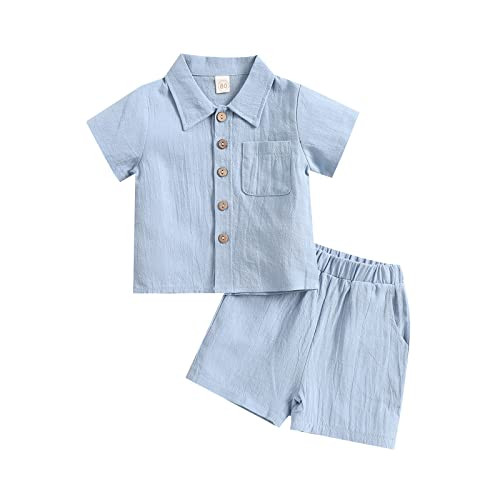 SHIBAOZI Toddler Baby Boys Clothes Set Button-down Shirt Tops + Cotton Linen Shorts Summer Outfit 2PCS with Pockets (Blue, 3-4T) | Amazon (US)