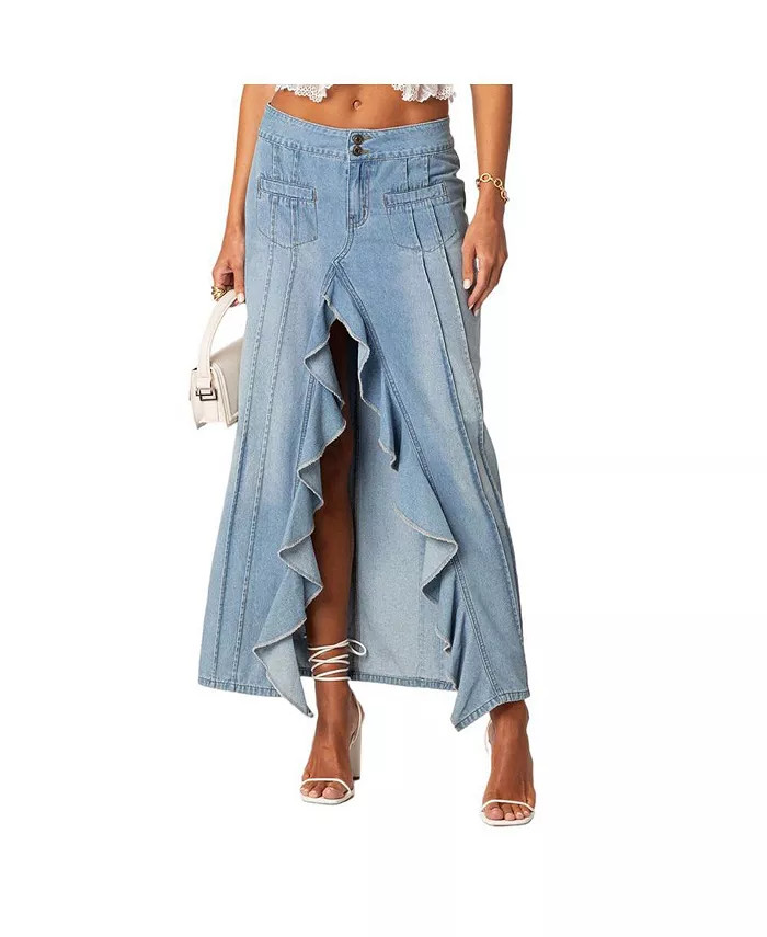 Women's Valencia Ruffle Slitted Denim Maxi Skirt | Macys (US)