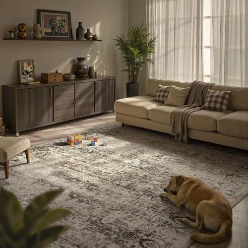 Lahome Beige Washable Rugs for Living Room 8 x 10 Large Living Room Rug Indoor Carpet,Boho Vintage Distressed Non-Slip Low-Pile Accent Bedroom Carpet for Dining Room Office Playroom(8x10,Beige) | Amazon (US)