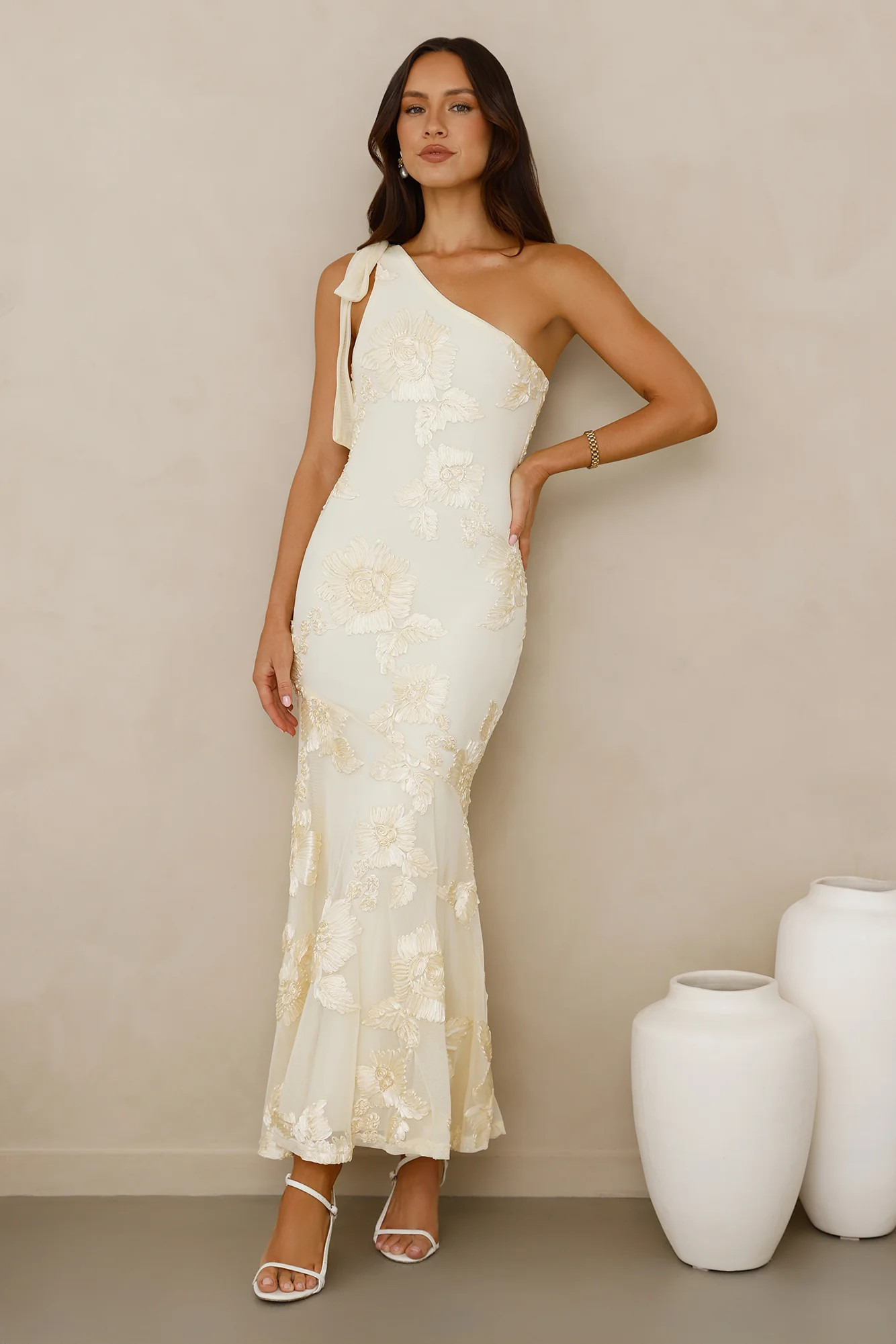 Glossy Girl One Shoulder Mesh Maxi Dress Yellow | Hello Molly (US)