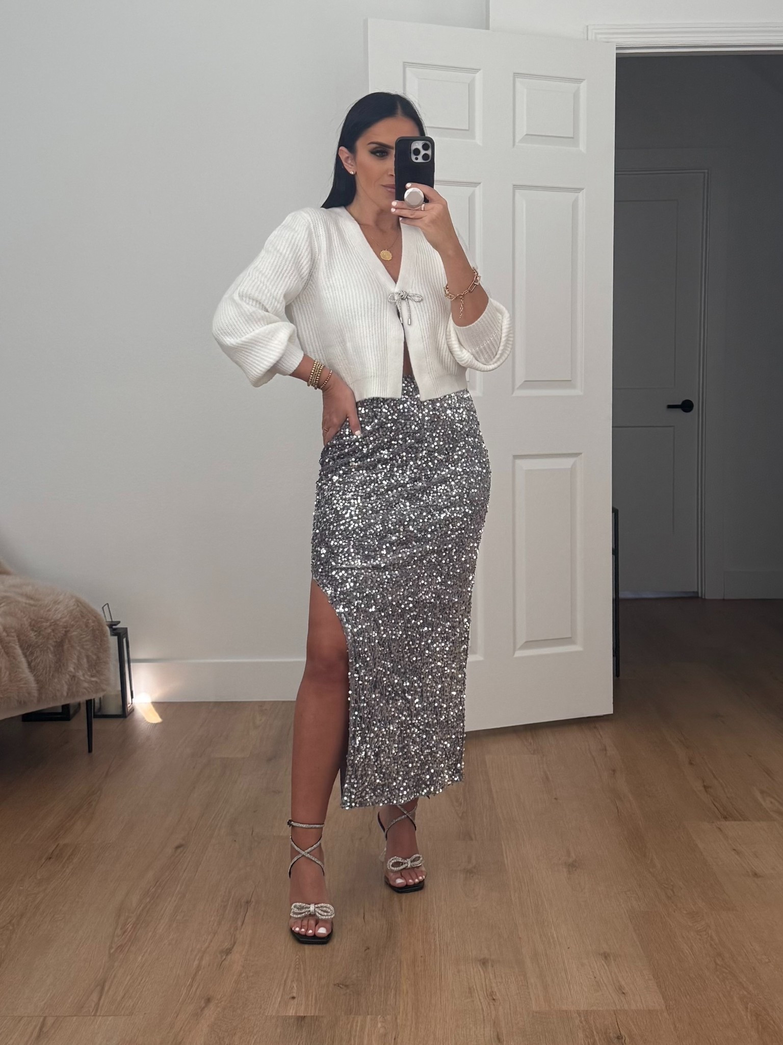 Madden NYC Women's Sequin Velour Maxi Skirt wearing size small only $16  No Boundaries Bow Cardigan wearing size medium only $14. 