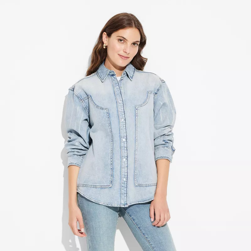 Women's Long Sleeve Oversized Denim Western Shirt - Wild Fable™ Light Wash XXL | Target
