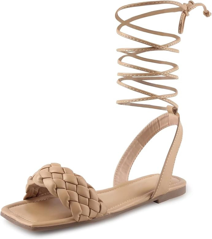 MUSSHOE Flat Sandals for Womn Square Toe Braided Rhinestone Summer Sandals | Amazon (US)