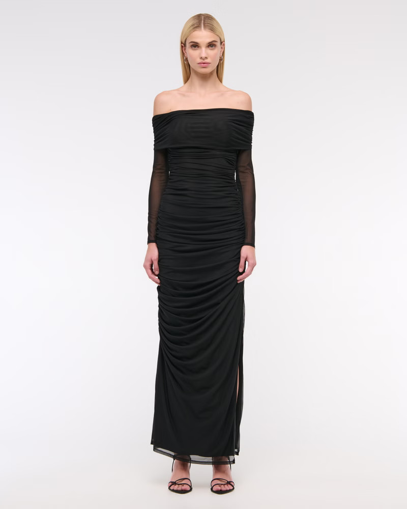 Long-Sleeve Mesh Asymmetrical Draped Maxi Dress | Abercrombie & Fitch (US)