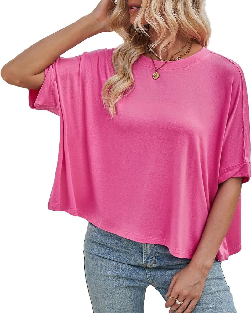 Women's Crew Neck Batwing Sleeve T-Shirts Soft Loose Fit Short Sleeve Casual Solid Tops | Amazon (US)