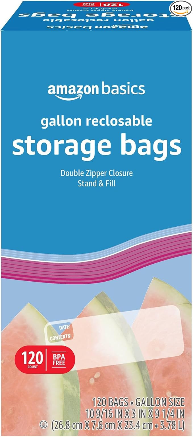 Amazon Basics Reclosable Gallon Food Storage Bags with Double Zipper Seal, Stand and Fill Base, B... | Amazon (US)