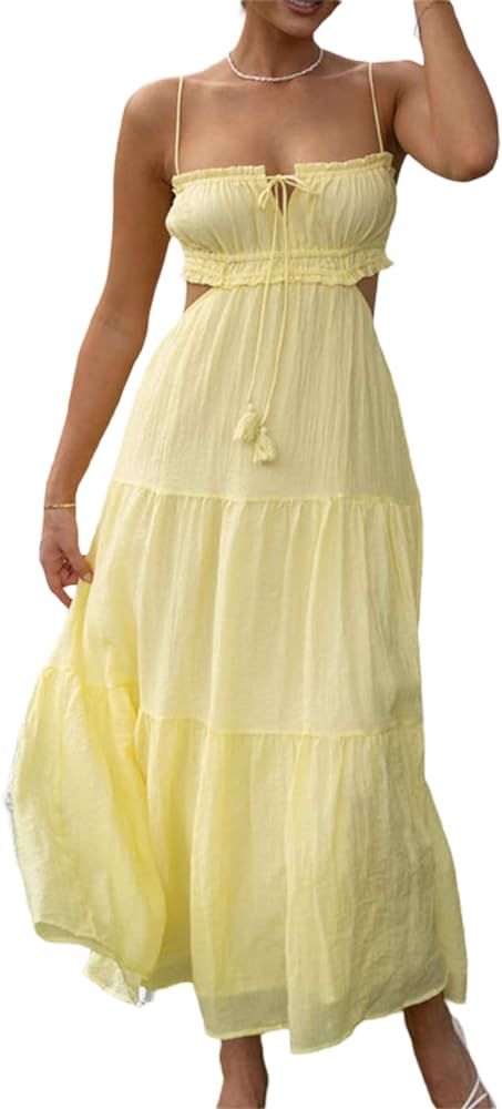 Leyajedol Women Y2k Bodycon Long Dress Spaghetti Strap Low Cut Dress Casual Backless Flowy Maxi D... | Amazon (US)
