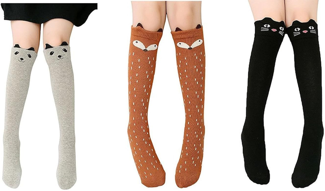 Girls Knee High Sock,Cotton Catroon Animal Bear Cat Fox Over Calf Stockings | Amazon (US)