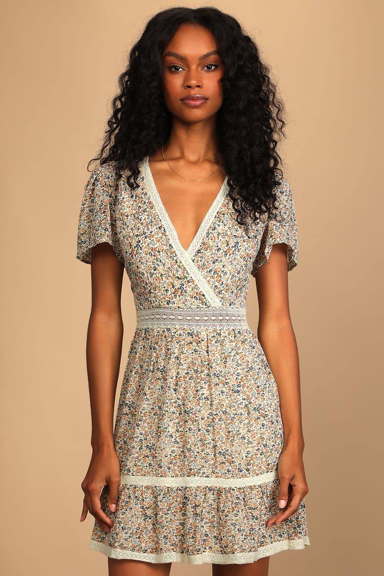 Simple Love Cream Floral Print Short Sleeve Mini Dress | Lulus (US)